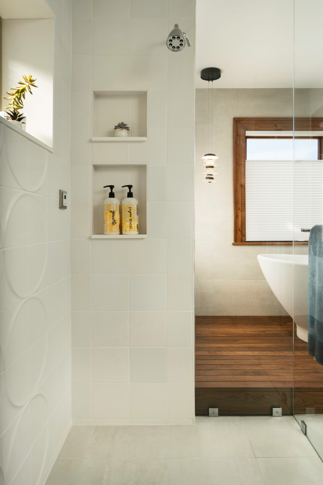 Inspiration for a large modern master ceramic tile porcelain tile and double-sink bathroom remodel in Denver with flat-panel cabinets, dark wood cabinets, an undermount sink, quartz countertops, a hinged shower door, white countertops and a floating vanity