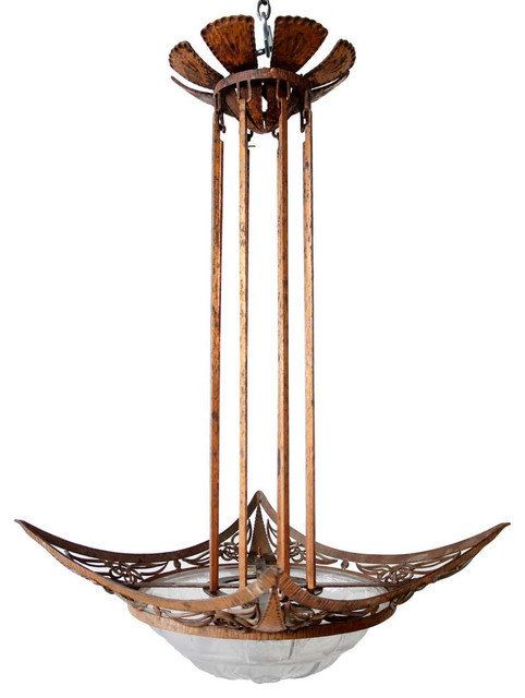 French Art Deco Iron and Cast Glass Three-Light Chandelier