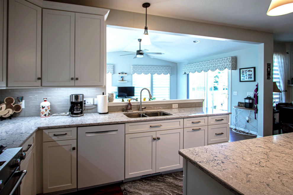 White Shaker Kitchen w/ Pietra Quartz Countertops & Gray Subway Tile ...