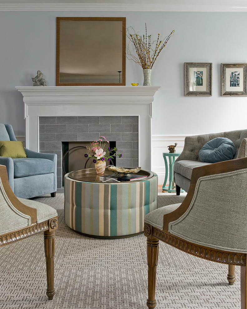 Design ideas for a contemporary living room in Boston with a tile fireplace surround.