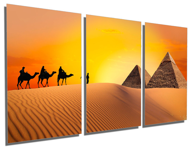 Triptych Wall Art egypt pyramids caravan, metal print wall art, 3 panel split Triptych Wall Art egypt pyramids caravan, metal print wall art, 3 panel split