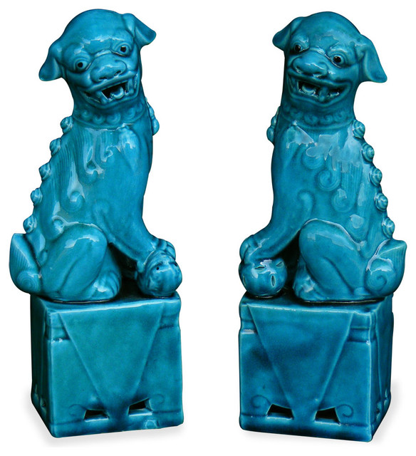 Porcelain Blue Foo Dogs Set Of 2 Asian Decorative Objects And