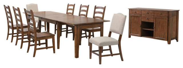 Simply Brook 10-PC 134" Expanding Dining Set Buffet Performance Chair Brown Wood