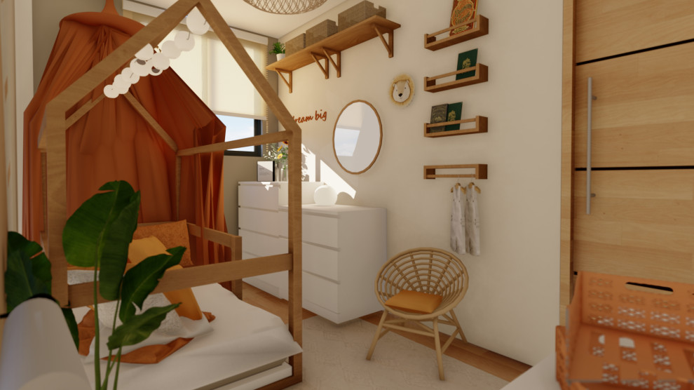 Foto de dormitorio infantil de 1 a 3 años mediterráneo pequeño con paredes beige y suelo de madera en tonos medios