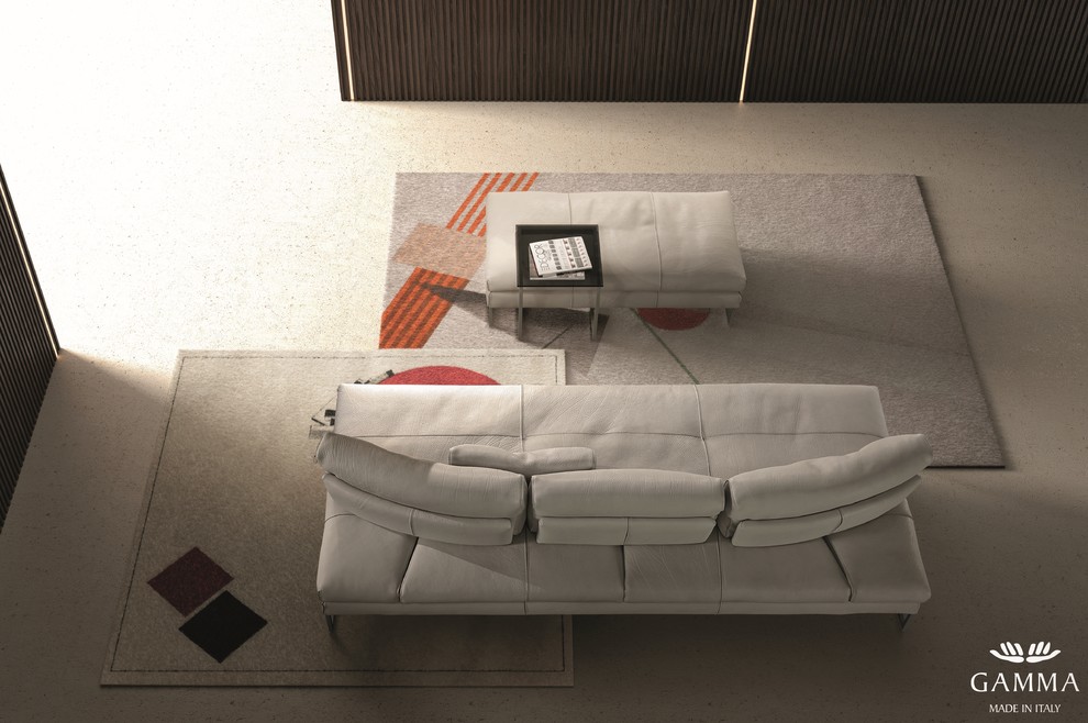 Large modern formal open concept living room in Philadelphia with brown walls, concrete floors, no tv and beige floor.