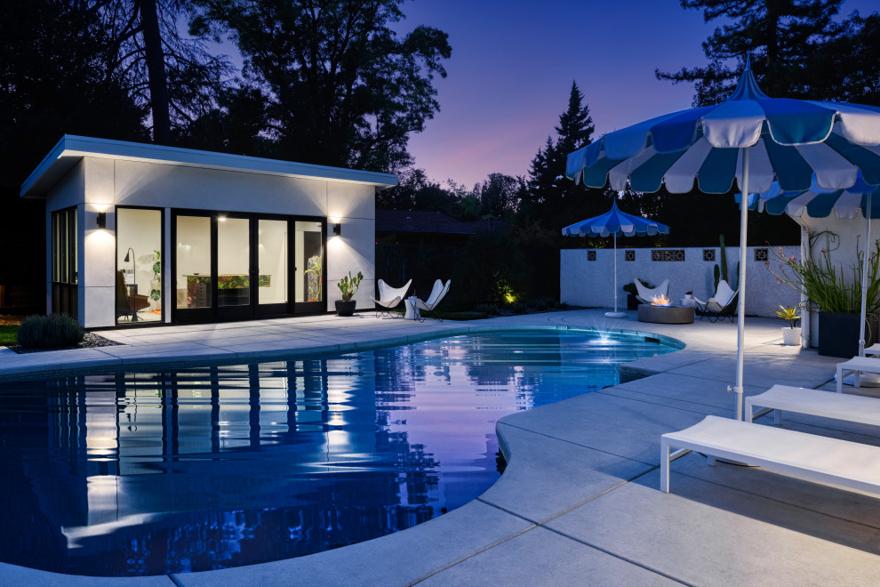 Exemple d'un Abris de piscine et pool houses arrière tendance en forme de haricot de taille moyenne avec du béton estampé.