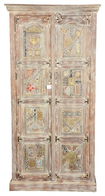 Modern Mosaic Brass Inlay Solid Wood Tall Storage Cabinet