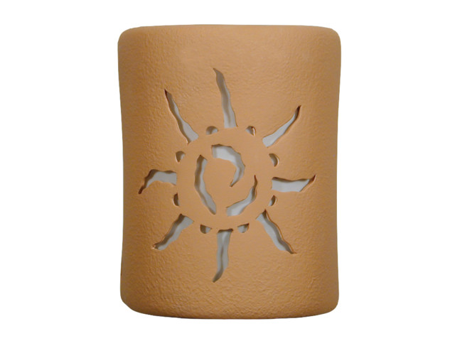 9 5 Round Open Top Ceramic Wall Sconce Ancient Sun Center Cut Design Brown
