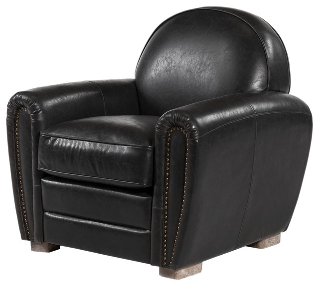 Paris Club Chair, Distressed Black Leather Transitional Armchairs