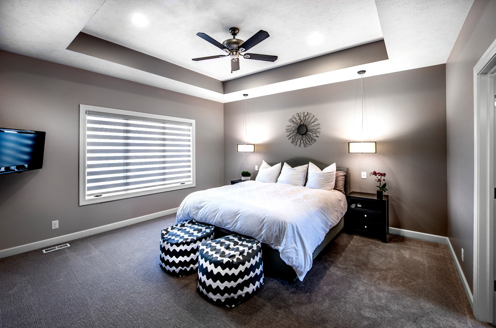 Transitional master bedroom in Omaha with grey walls, carpet and no fireplace.