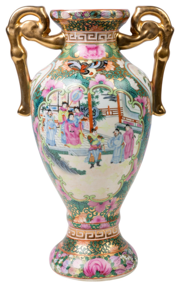 Oriental Rose Medallion Porcelain Trophy Vase 12.5" Asian Vases