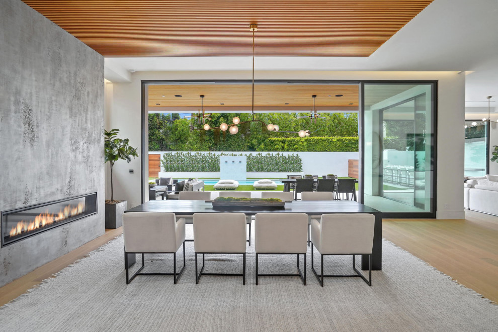 Expansive modern dining room in Los Angeles with white walls, light hardwood floors, a standard fireplace, a plaster fireplace surround, wood and wood walls.