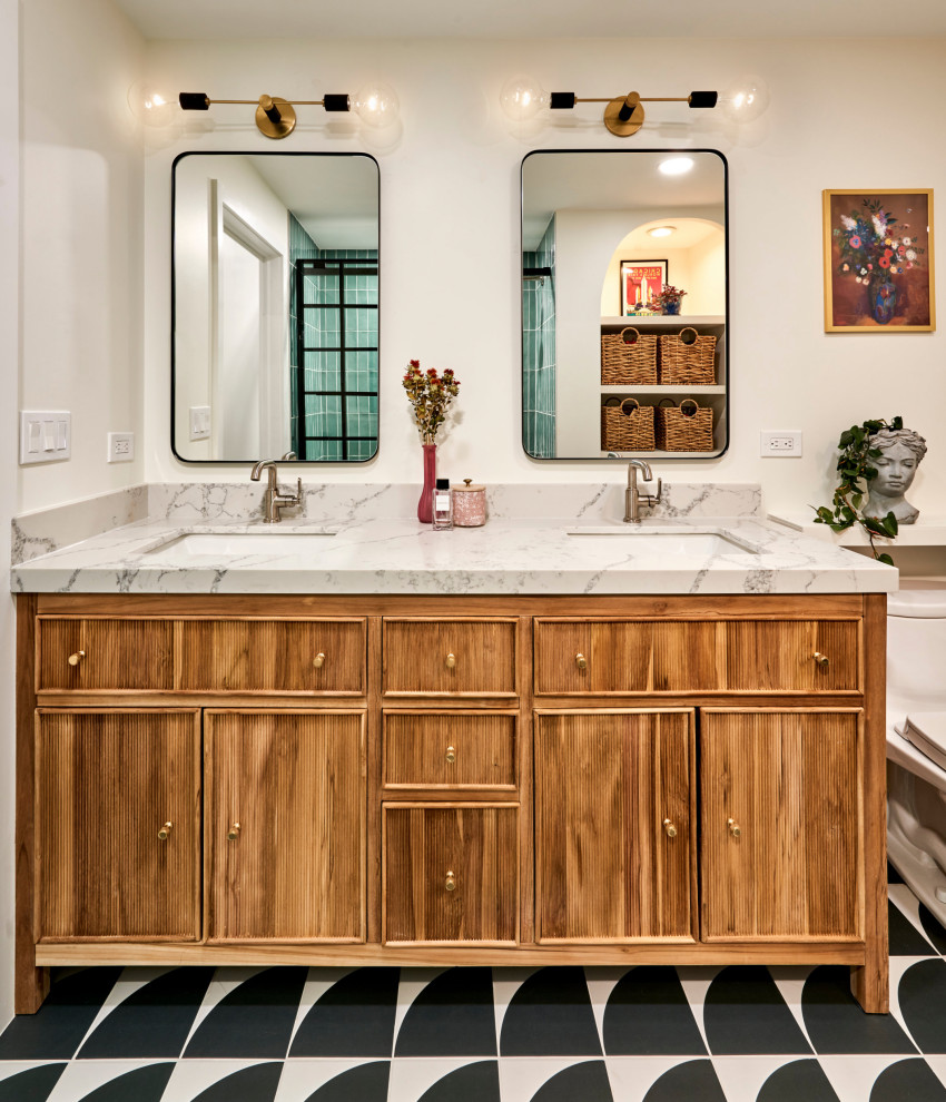 Large contemporary master bathroom in Chicago with shaker cabinets, brown cabinets, an alcove tub, a shower/bathtub combo, white walls, mosaic tile floors, a sliding shower screen, white benchtops, a niche, a double vanity and a freestanding vanity.