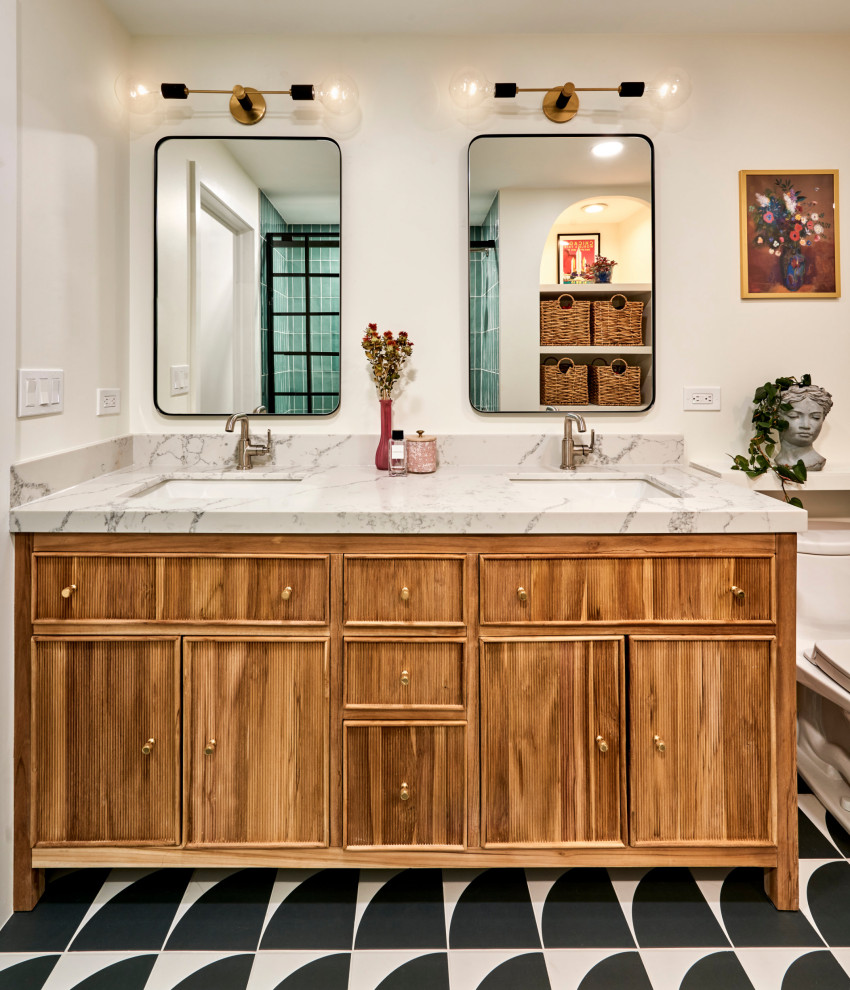 Large contemporary ensuite bathroom in Chicago with shaker cabinets, brown cabinets, an alcove bath, a shower/bath combination, white walls, mosaic tile flooring, a sliding door, white worktops, a wall niche, double sinks and a freestanding vanity unit.