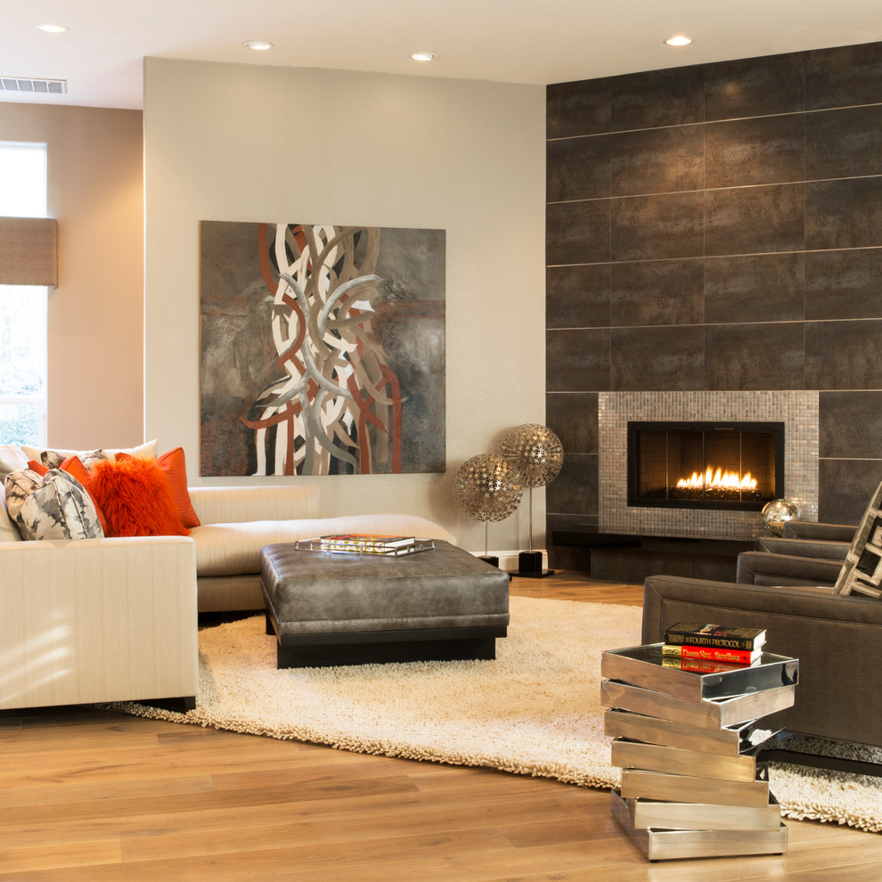 Contemporary open concept living room in Sacramento with beige walls, a ribbon fireplace, no tv and a tile fireplace surround.