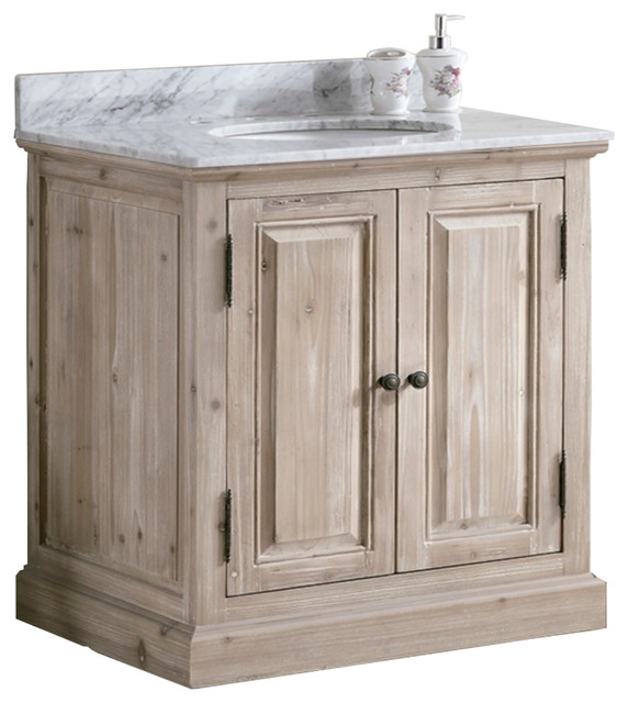 36" Solid Wood Sink Vanity With Carrera White Marble Top And Round Sink