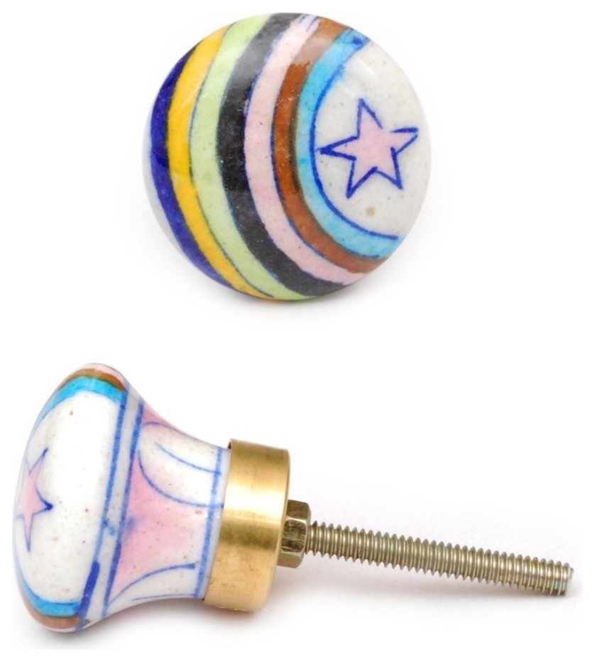 Rainbow Knobs, White Knobs With Pink Star & Rainbow , Set of 3