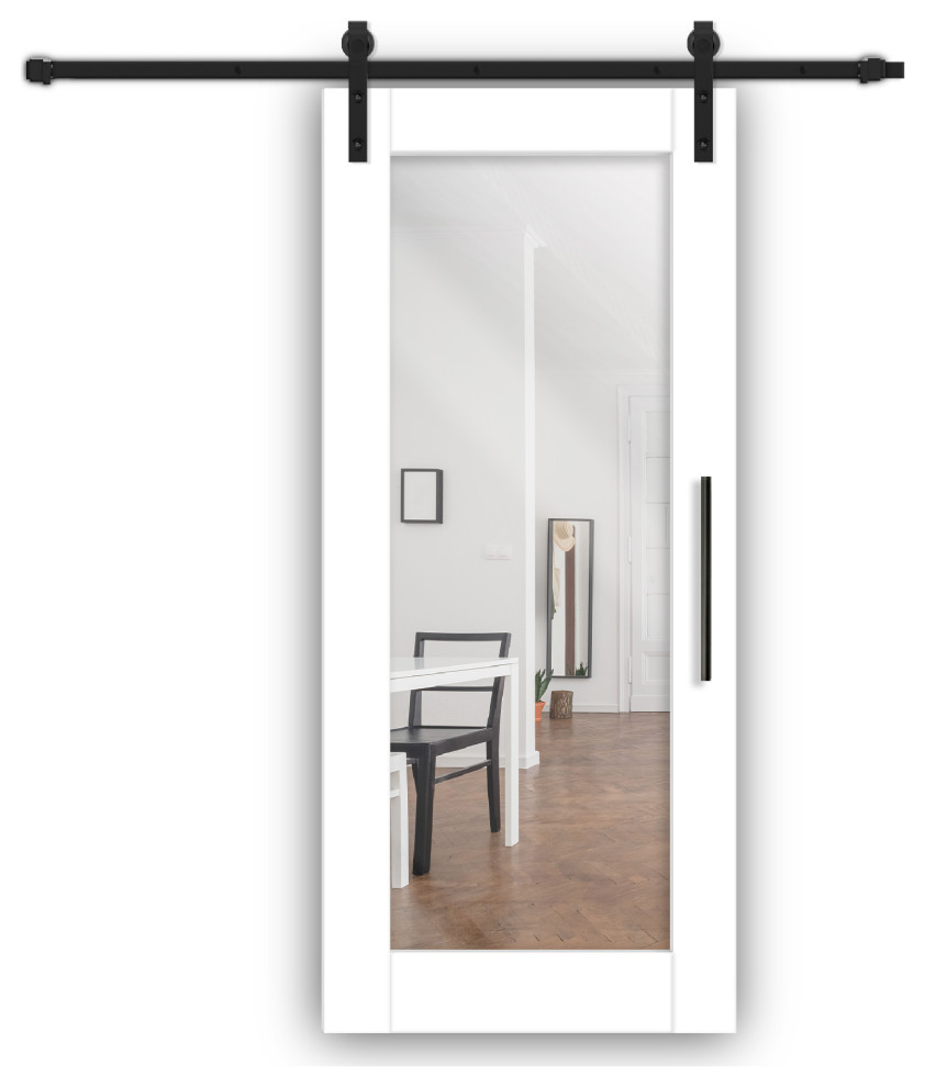 Mirrored Sliding Barn Door with Mirror Insert + Carbon Steel Hardware Kit, 40"x84" Inches, 1 Mirror/Front, Painted (Finish)
