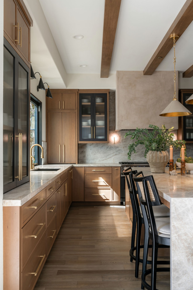 Inspiration for a modern light wood floor and exposed beam kitchen pantry remodel in San Diego with shaker cabinets, medium tone wood cabinets, quartzite countertops, an island and beige countertops