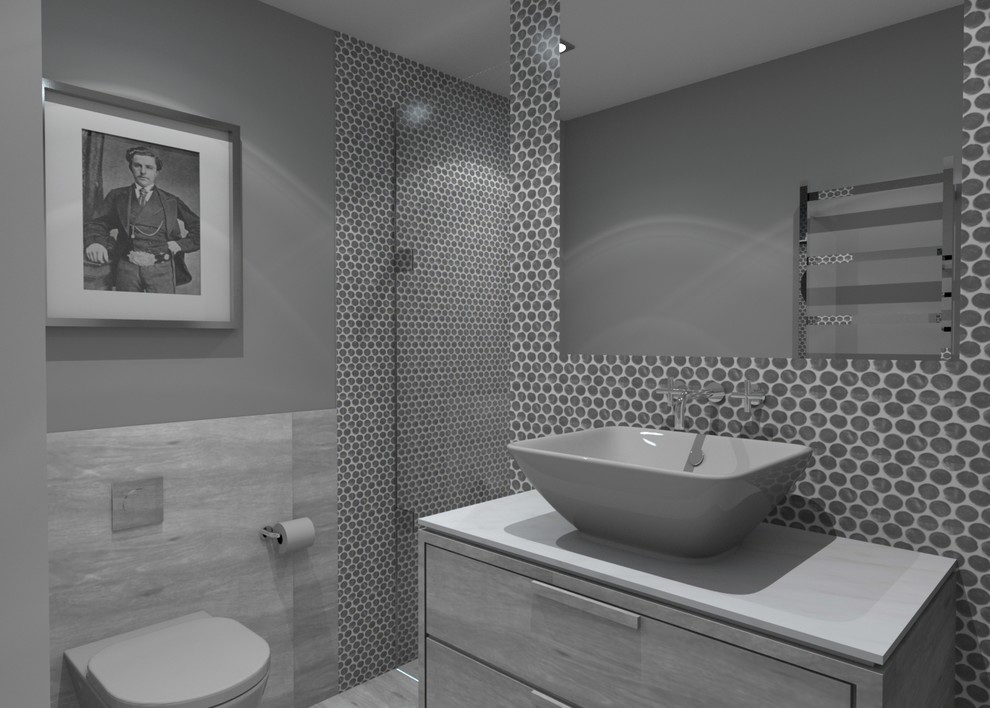 Inspiration for a mid-sized contemporary 3/4 bathroom in Other with an open shower, a wall-mount toilet, gray tile, ceramic tile, grey walls, ceramic floors and a console sink.