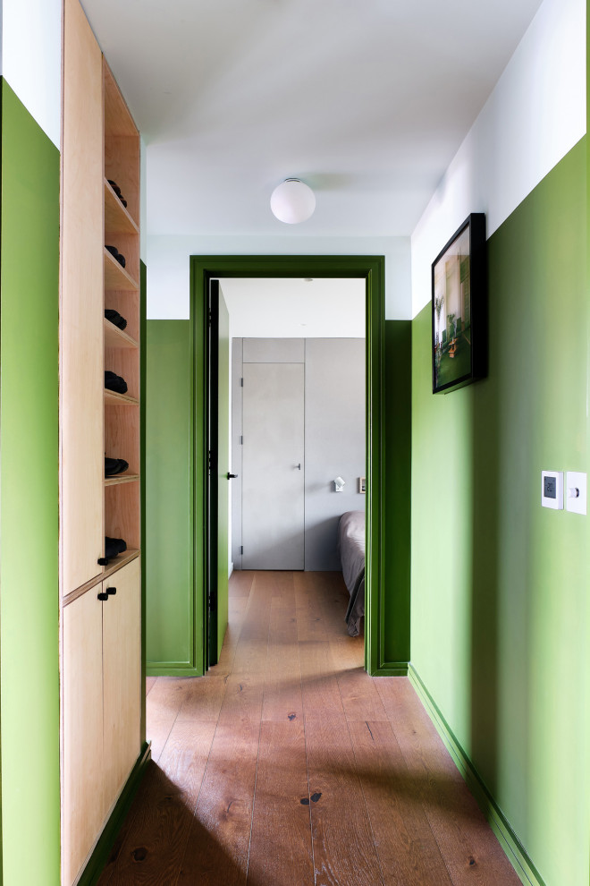 This is an example of a mid-sized contemporary hallway in London with green walls, medium hardwood floors and brown floor.