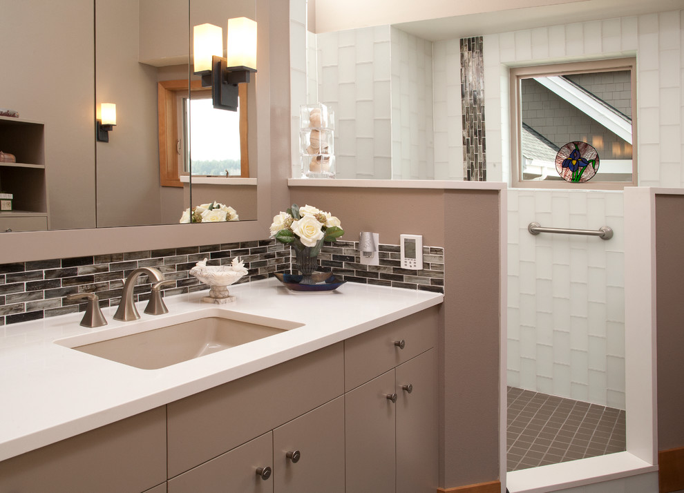 Design ideas for a mid-sized asian master bathroom in Seattle with an undermount sink, flat-panel cabinets, brown cabinets, quartzite benchtops, a corner shower, a two-piece toilet, brown tile, ceramic tile, brown walls and ceramic floors.