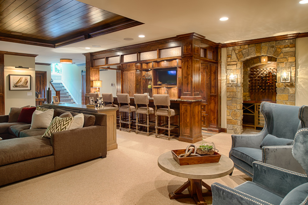 Inspiration for a large traditional basement in Minneapolis with beige walls, carpet and beige floor.