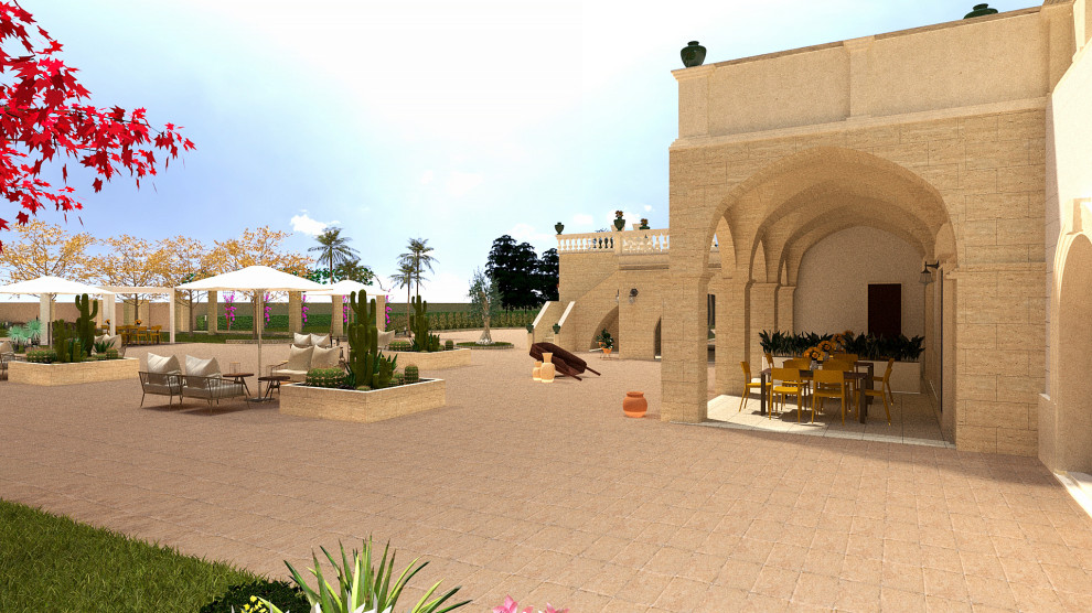 Geometrischer, Geräumiger Moderner Vorgarten im Sommer mit Wüstengarten, direkter Sonneneinstrahlung, Natursteinplatten und Steinzaun in Bari