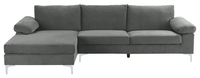 Extra Wide Sectional Sofa, Velvet Fabric Seat With Pillowed Armrests, Silver