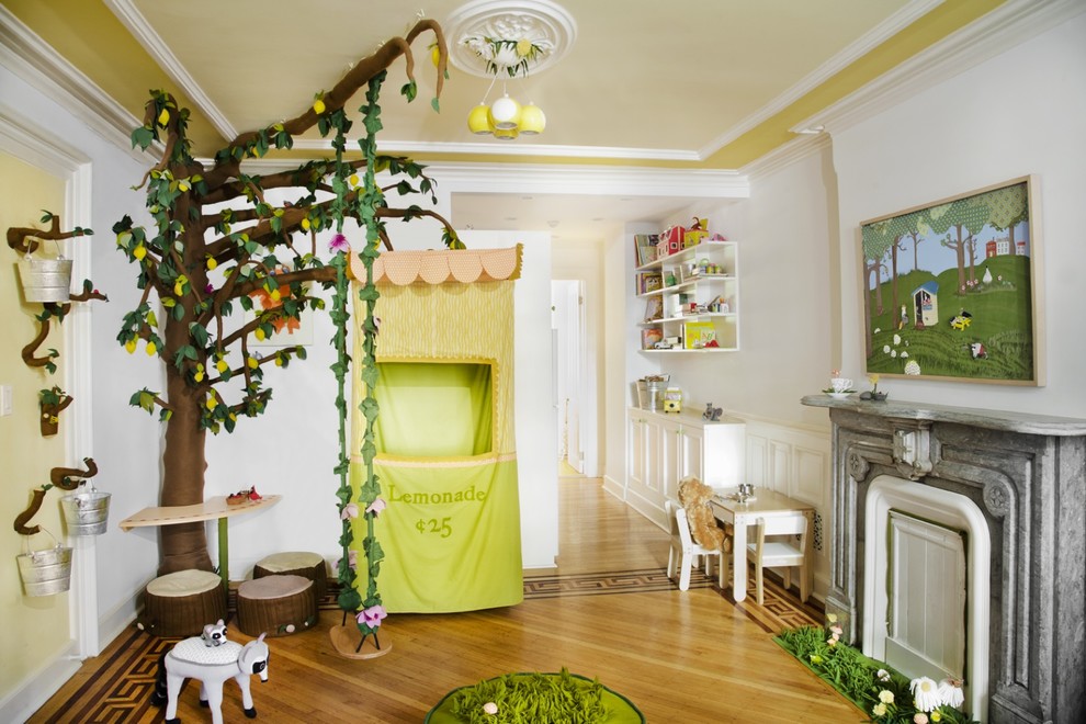 Inspiration for a traditional kids' playroom in Chicago with yellow walls.
