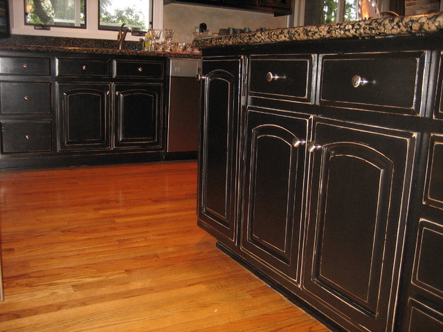 Handpained And Distressed Black Kitchen Cabinetry
