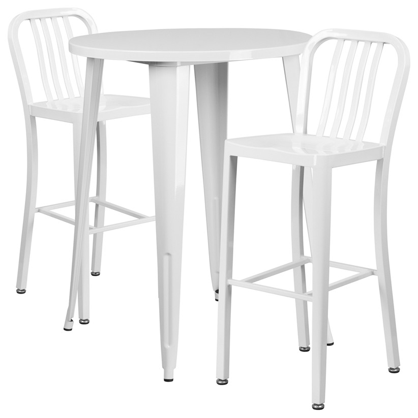 30" Round Metal Indoor/Outdoor Bar Table Set, White Industrial