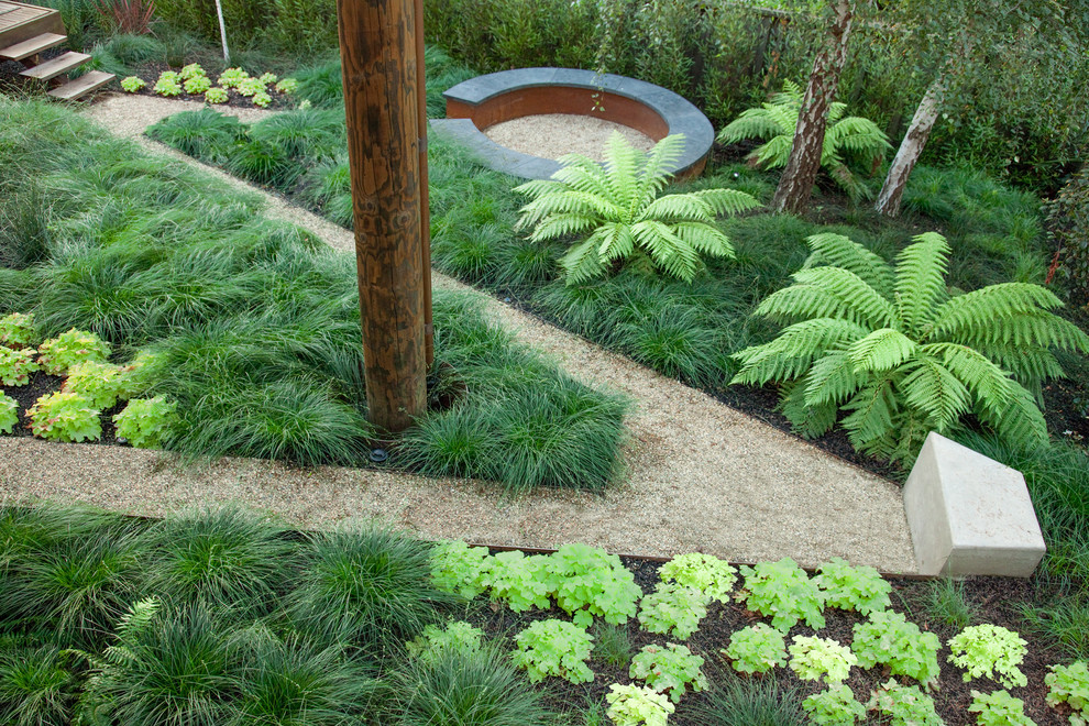 Photo of an industrial backyard garden in San Francisco with decomposed granite and a fire feature.
