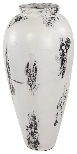 Large Black And White Stoneware Floor Vase With Textured Relief