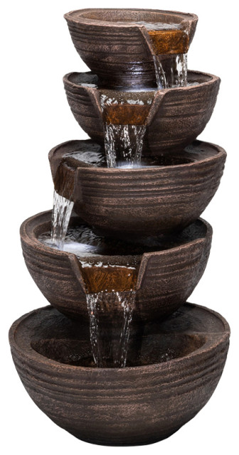 34" Tall Outdoor 5-Tier Modern Bowl Cascading Waterfall Fountain With LED Lights