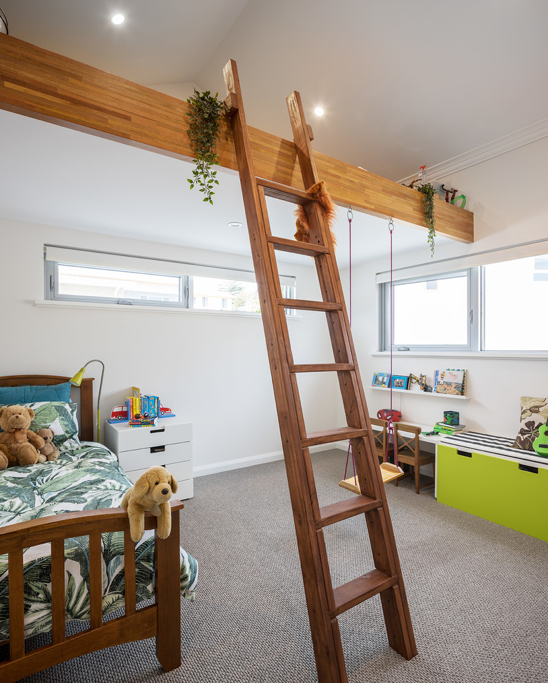 Contemporary kids' bedroom in Perth with grey walls, carpet and grey floor for kids 4-10 years old and boys.
