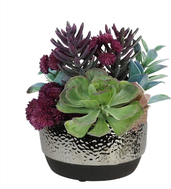 8 Artificial Succulent Arrangement In Decorative Silver Ceramic
