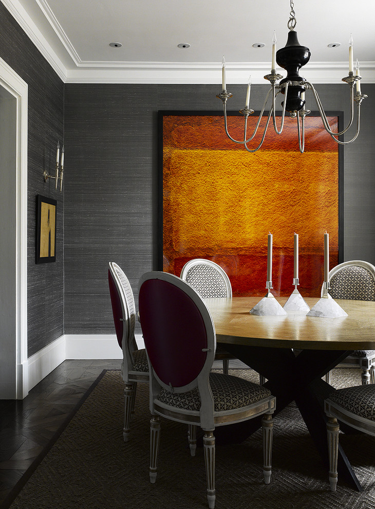 Photo of a contemporary dining room in Philadelphia with grey walls and dark hardwood floors.