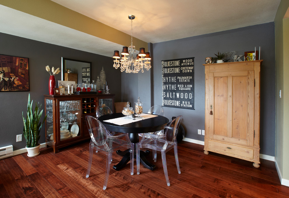 Large contemporary separate dining room in Other with grey walls, dark hardwood floors and no fireplace.