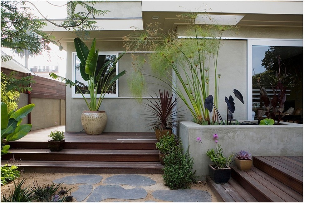 Small contemporary backyard garden in Los Angeles with a water feature and decking.