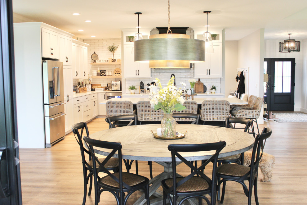 White, Black, and White Oak Open Concept Kitchen and Pantry in ...