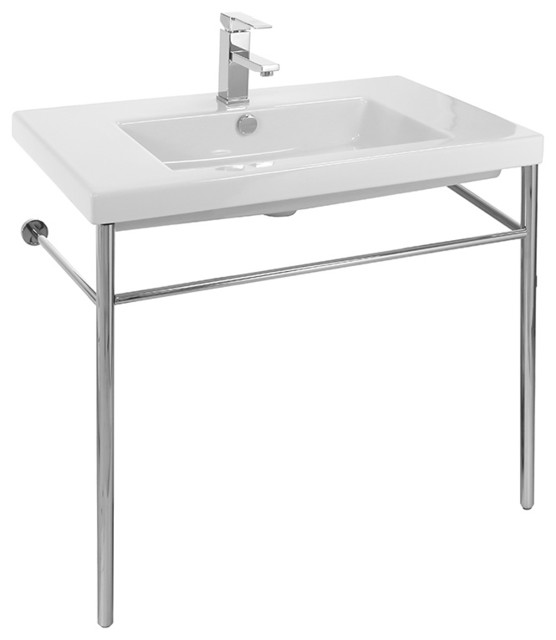 Ceramic Console Sink With Polished Chrome Stand Contemporary