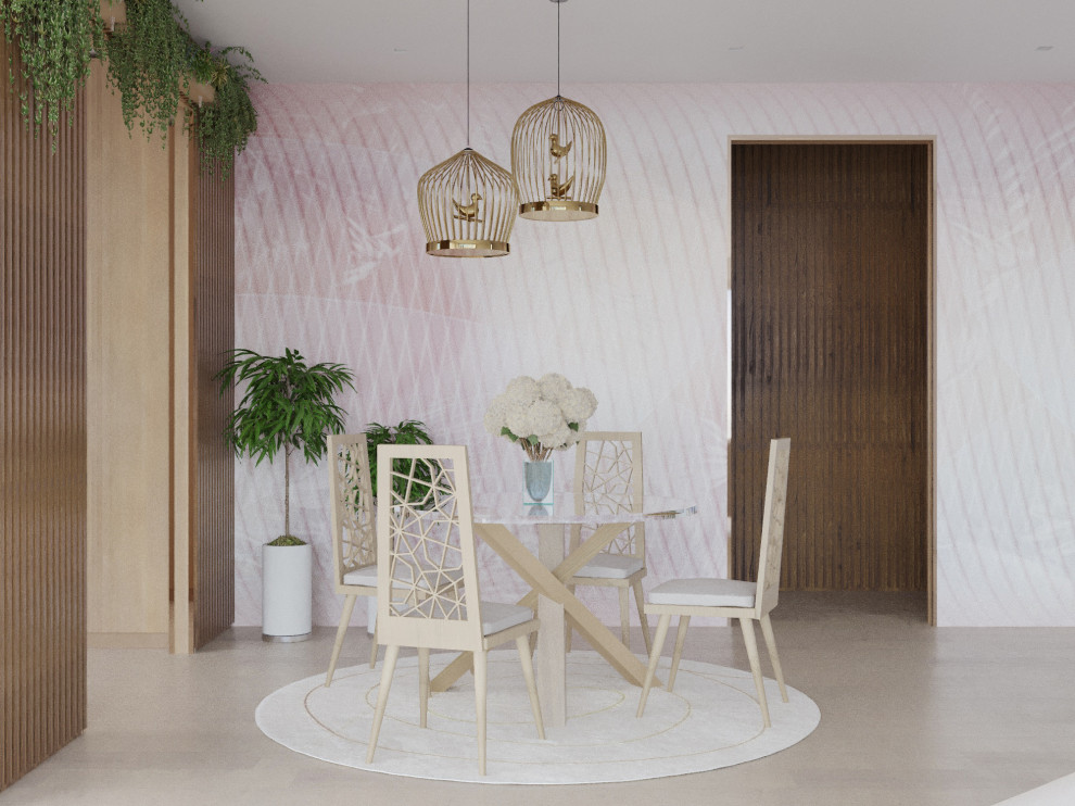 Idée de décoration pour une petite salle à manger ouverte sur la cuisine design avec un mur marron, parquet clair, aucune cheminée, un sol beige et du papier peint.