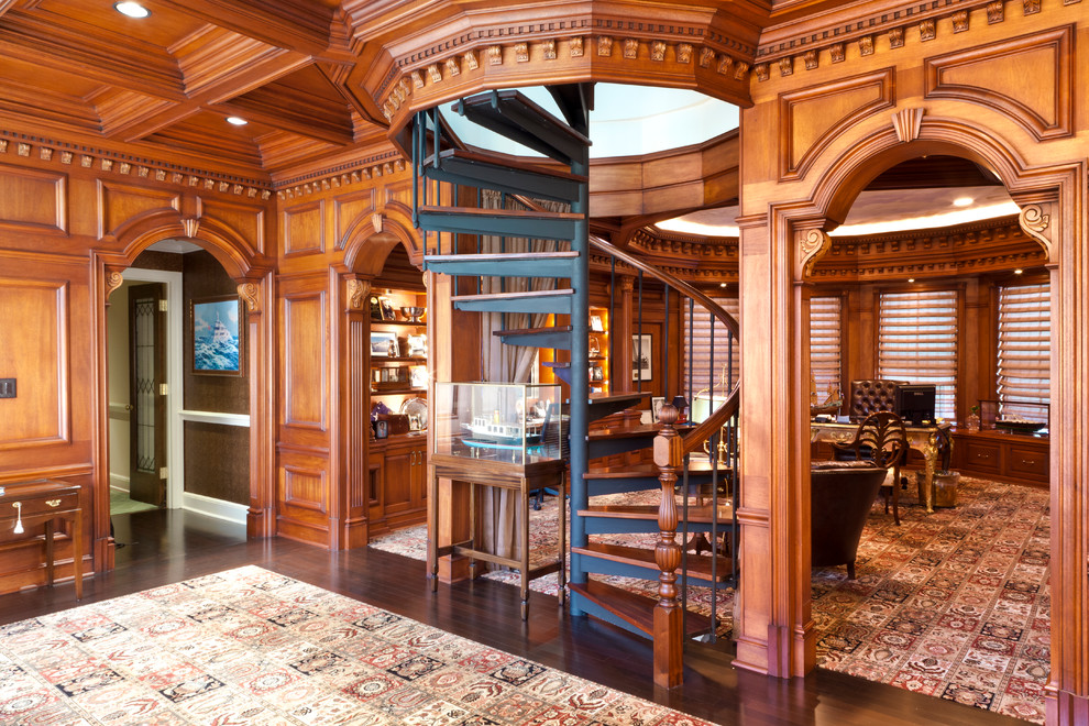 Inspiration for a mid-sized traditional wood spiral staircase in New York with open risers.
