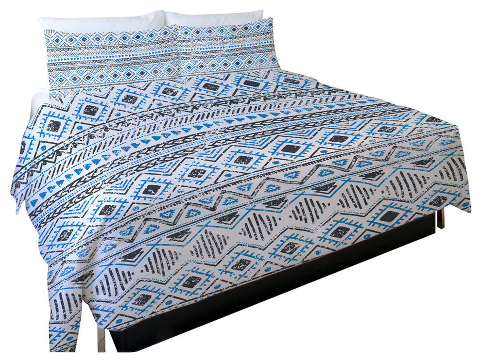 Faded Tribal Print, Blue Duvet Cover, Queen Contemporary Duvet