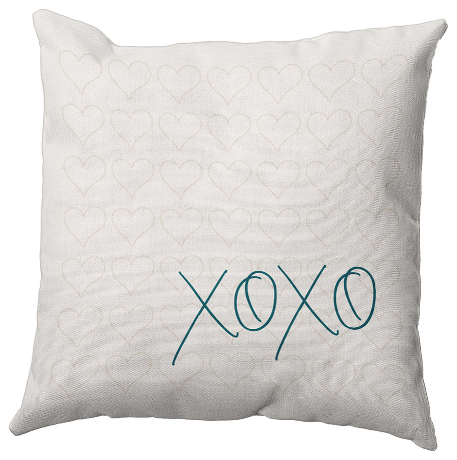 20"x20" XOXO with Hearts Valentines Indoor/Outdoor Pillow, Teal Apetite