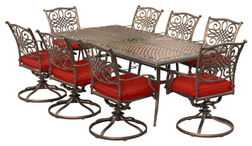 Seasons 9-Piece Dining Set, Red, 8 Rockers, 84"x42" Cast-top Dining Table