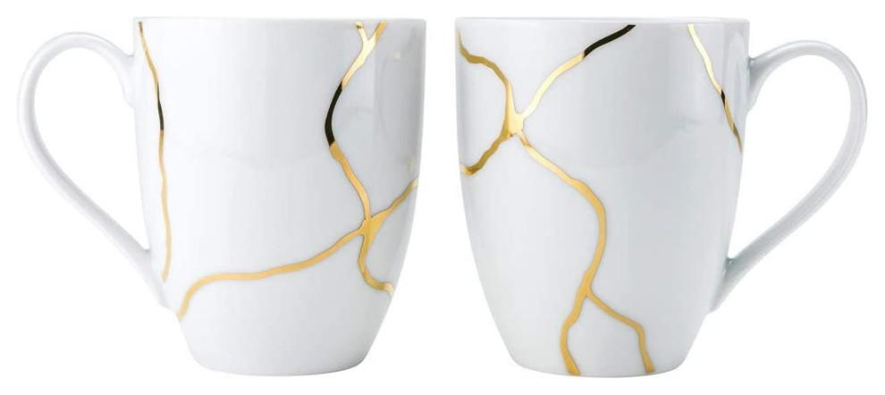 Royalty Porcelain 2-Piece Porcelain Tea or Coffee Mugs 'Storm' White With Gold