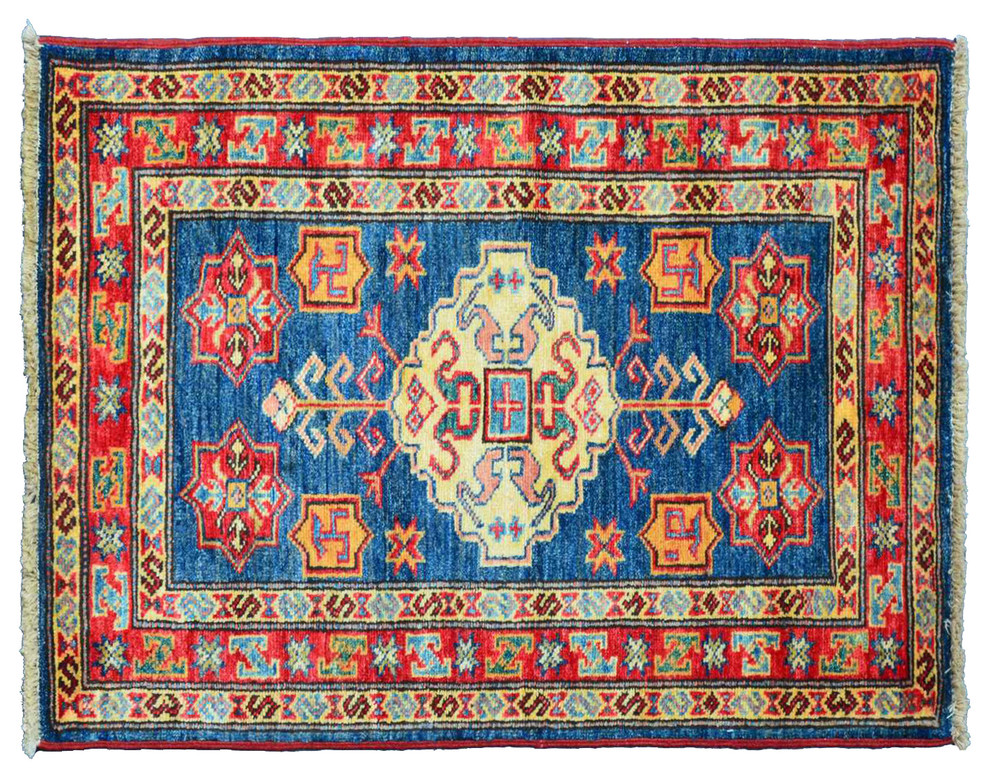 Fine Kazak Oriental Rug Denim Blue Mat, Hand-Knotted 100% Wool Rug