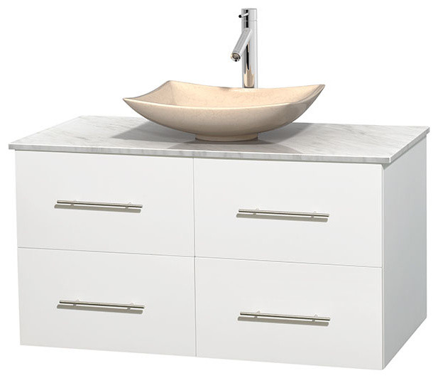 Centra 42 Matte White Vanity Carrera Marble Top Contemporary Centra 42 Matte White Vanity Carrera Marble Top Arista Ivory